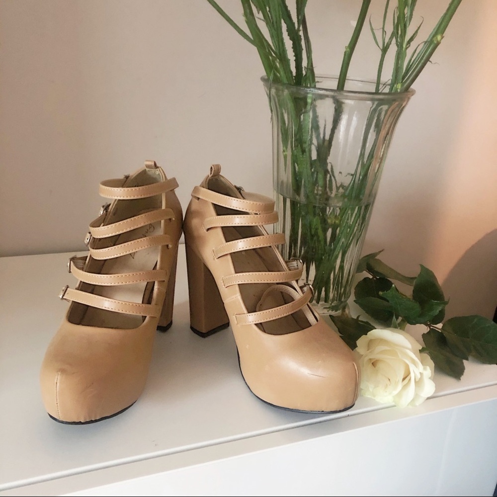 Nude Beige Strappy Platform Heels - Japanese Style